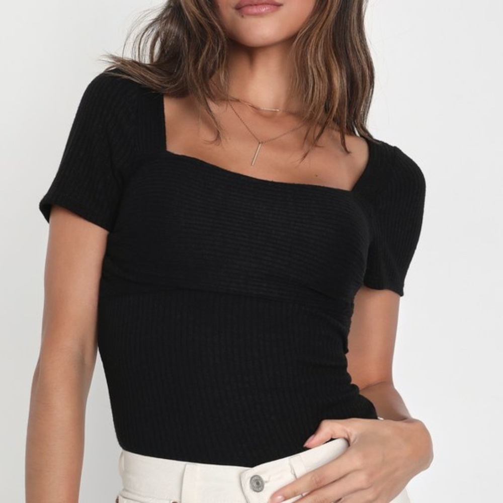 Lulus Quintessential Muse Black Ribbed Short Sleeve Top - Size M